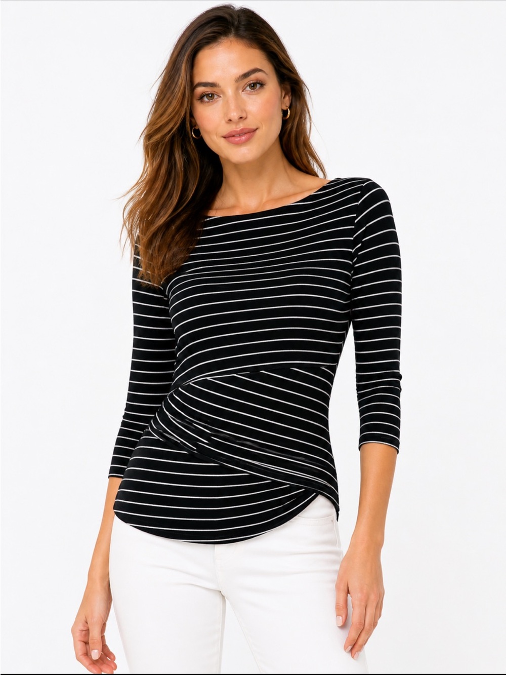 White House Black Market Striped 3/4 Sleeve Top Black White Boat Neck XS